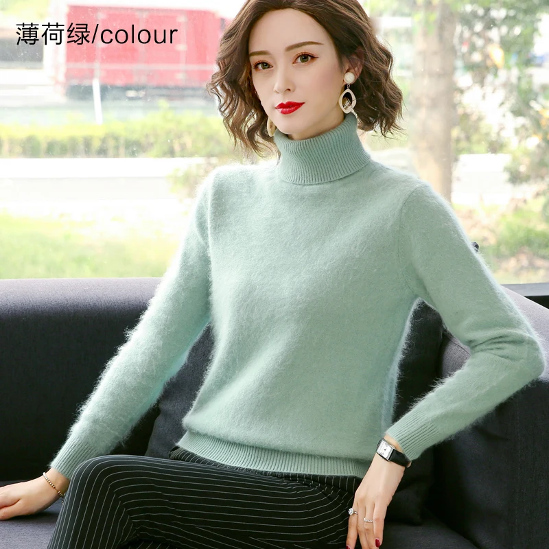 Herbst Winter 100% Nerz Kaschmir Pullover Frauen Strickwaren Pullover Dicke Warme Einfarbig Plus Größe Basis Hohe Revers Kleidung Tops