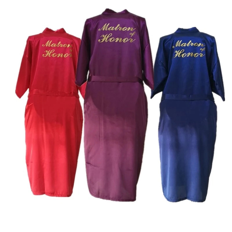 

Wholesale Matron of Honor Letter Gold Glitter Women Pure Color Long Satin Silk Robes Kimono Nightgown Spa Party Bathrobe T35