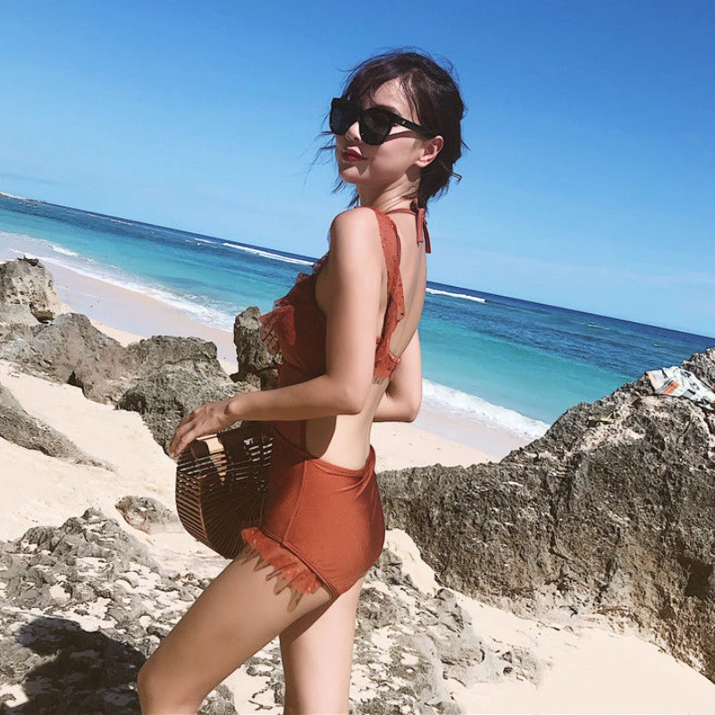 Abdeckung-up Frauen Sommer Schlank Sexy Spaghetti-strap Badeanzüge Teenager Backless Mode Süße Bandage Rüschen Koreanischen Stil Weibliche chic