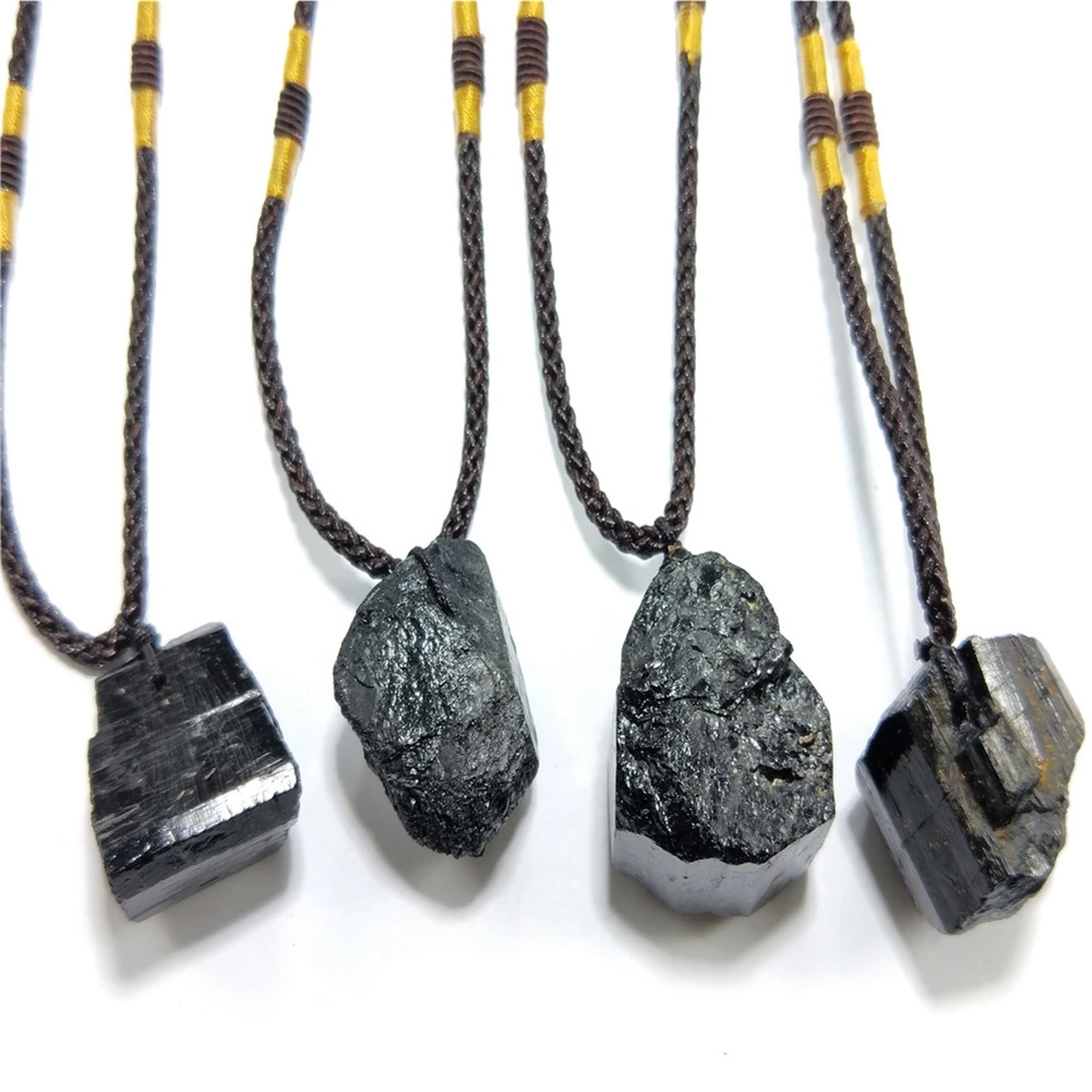 1Pcs Radiation Protection Natural Black Tourmaline Stone Necklace Retro Raw Gemstone Pendant Crystal Hand—Woven Craft Stone