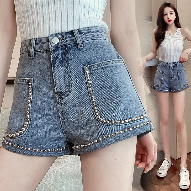 

Spring / Summer 2020 New Korean Fashion Rivet Straight shorts High Waist Thin A-line Wide Leg shorts