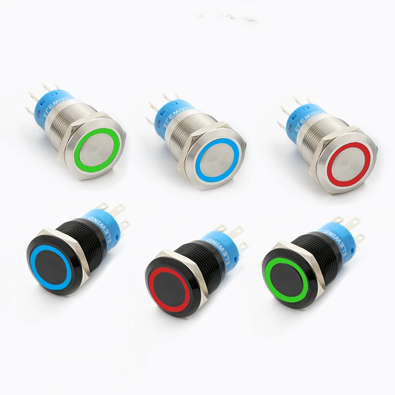 ELEWIND 19mm black aluminium or Stainless steel  3 led color ring illuminated push button switch(PM192F-11E/J/RGB/12V/A )