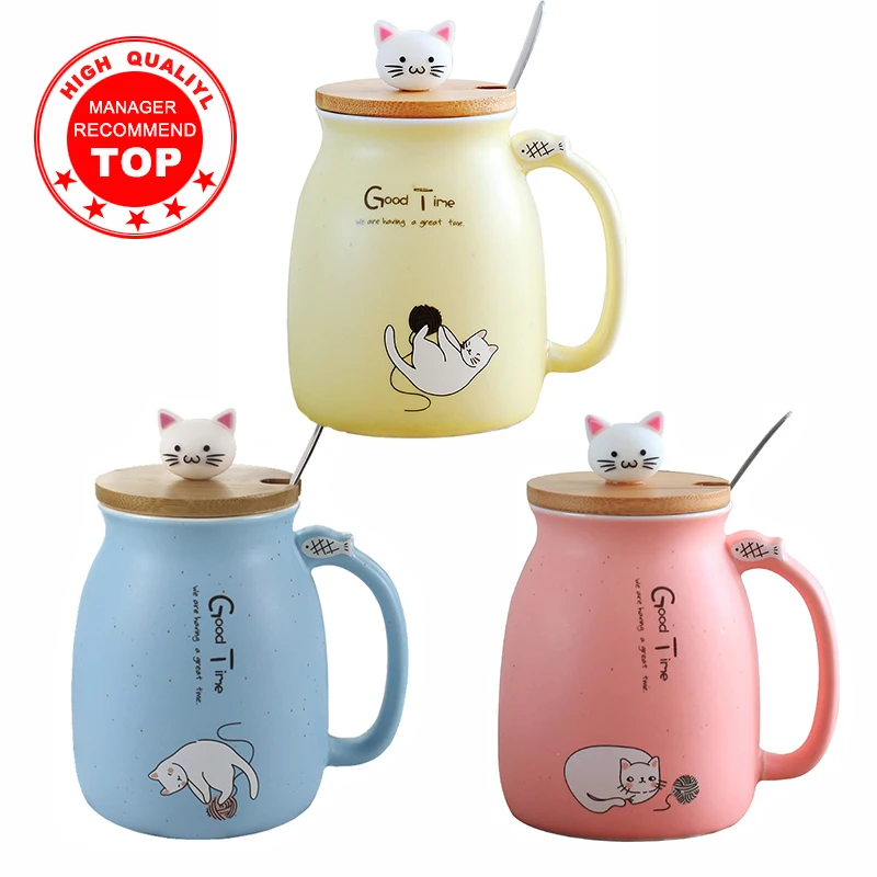 Mug chat coloré créatif résistant à la chaleur avec couvercle, tasse de 450ml, chaton café, tasses en céramique pour enfants, verres de bureau,