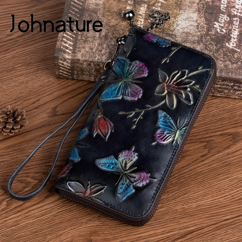 

Johnature 2024 New Genuine Leather Embossed Long Women Wallets Vintage Hand Painted Large Clutch Wallet Card Holder Phone Purse