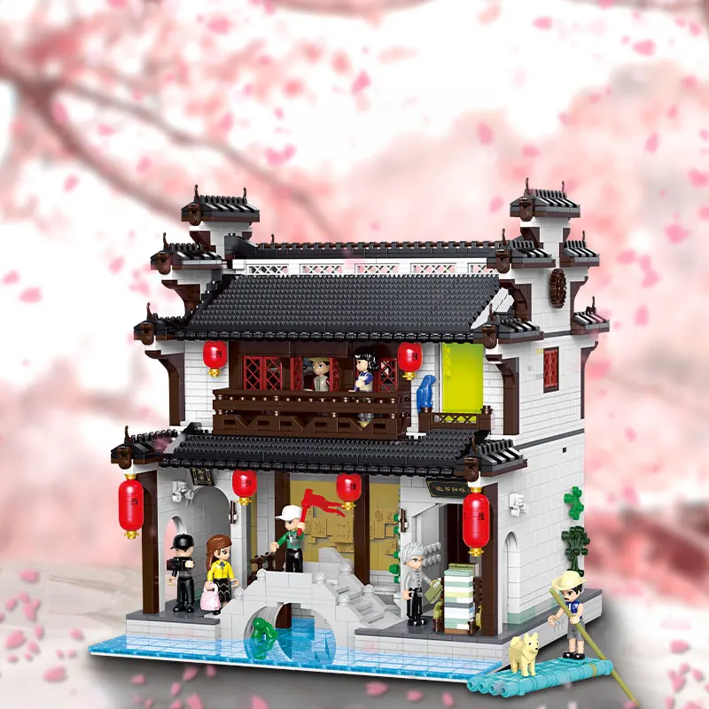 Zhonghua Street Series Jiangnan Water Town MOC Bricks Toys Inn Library Tea House Building Model Blocks Compatible With LEGO