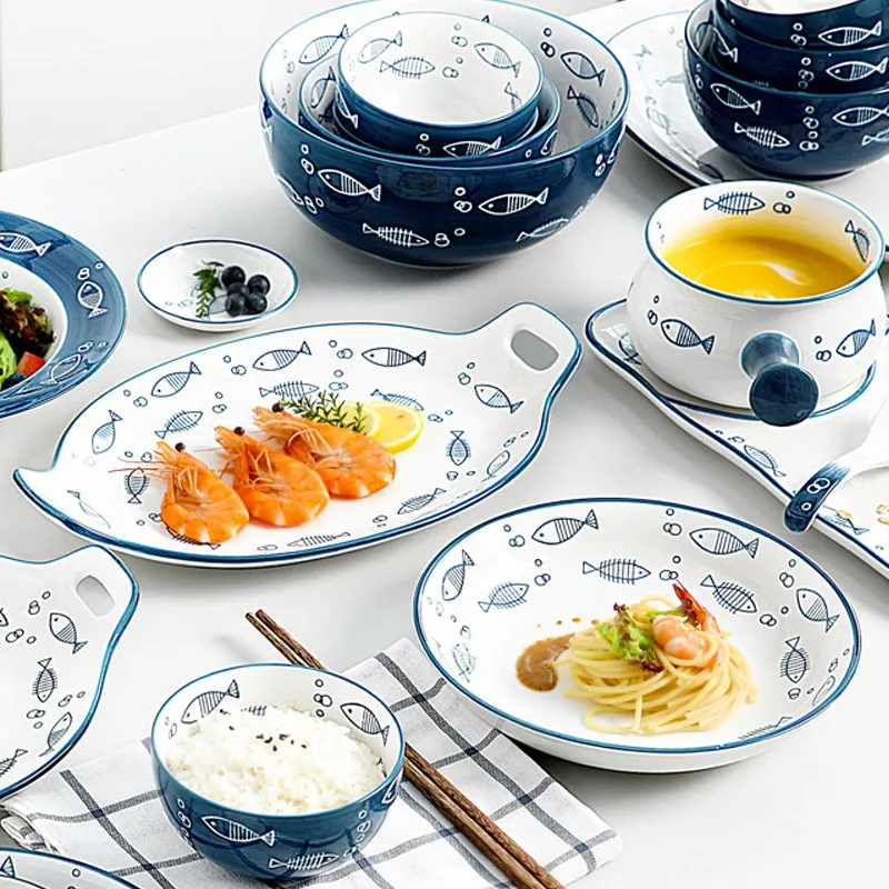 Creative Fish Pattern Ceramic Dinner Plate Blue White Dishes Household Plates and Bowls High Quality Tableware Platos De Cena