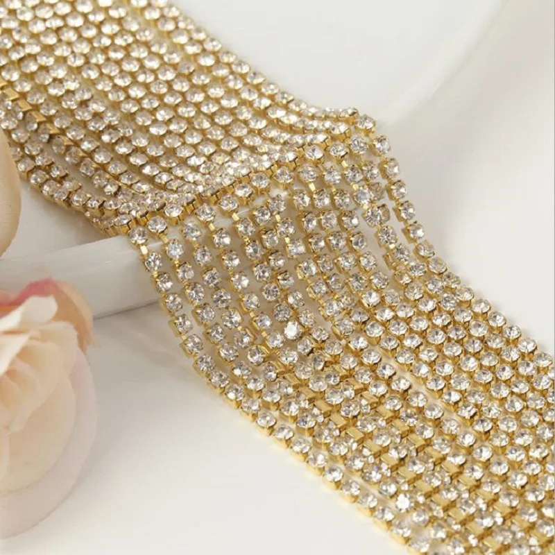 10yards/roll Crystal Rhinestones Close Chain Clear Trim Silver Base Copper Cup Rhinestone Chain Apparel Sewing Style Accessories