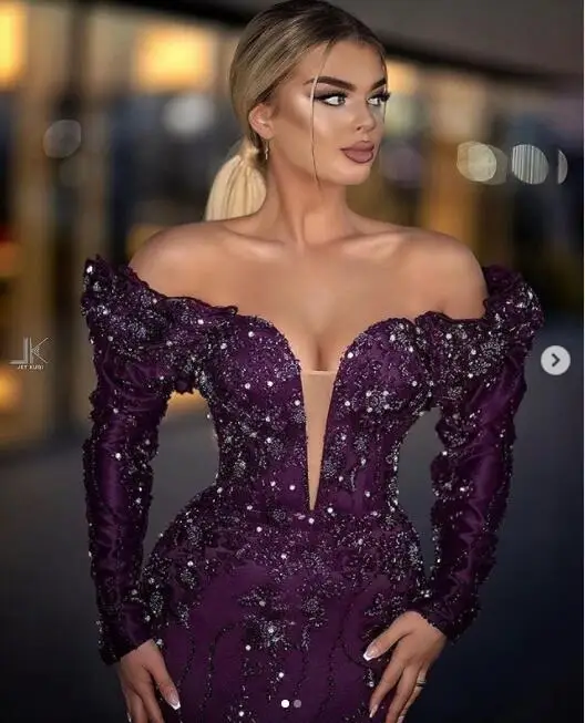 Roxo fora do ombro vestidos de noite sereia arábia saudita rendas applqiues contas vestidos de baile dubai robe de soiree feito sob encomenda