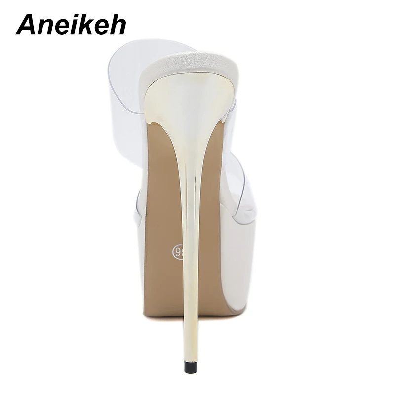 Aneikeh NEW Sexy PVC Peep Toe Transparent 17CM Stripper High Heel Slippers Summer Fashion Slip On Thin Heels Slides Women Mules