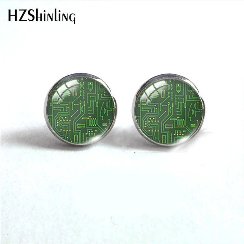 2020 New Computer Circuit Board Stud Earring Cute Earrings Hand made Glass Cabochon Art Photo Jewelry