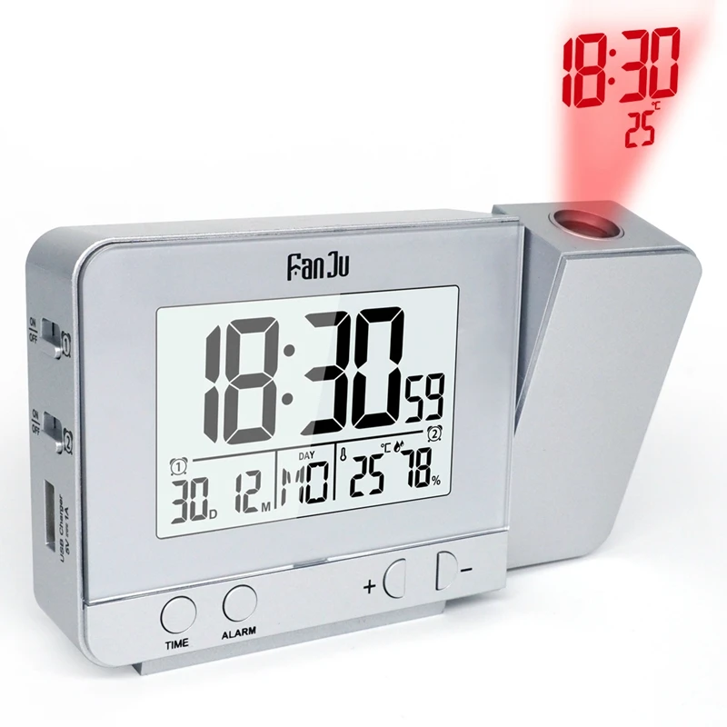 FJ3531 Projection Alarm Clock Digital Date Snooze Function LED Projector Desk Table Thermometer Hygrometer Clock Time Backlight