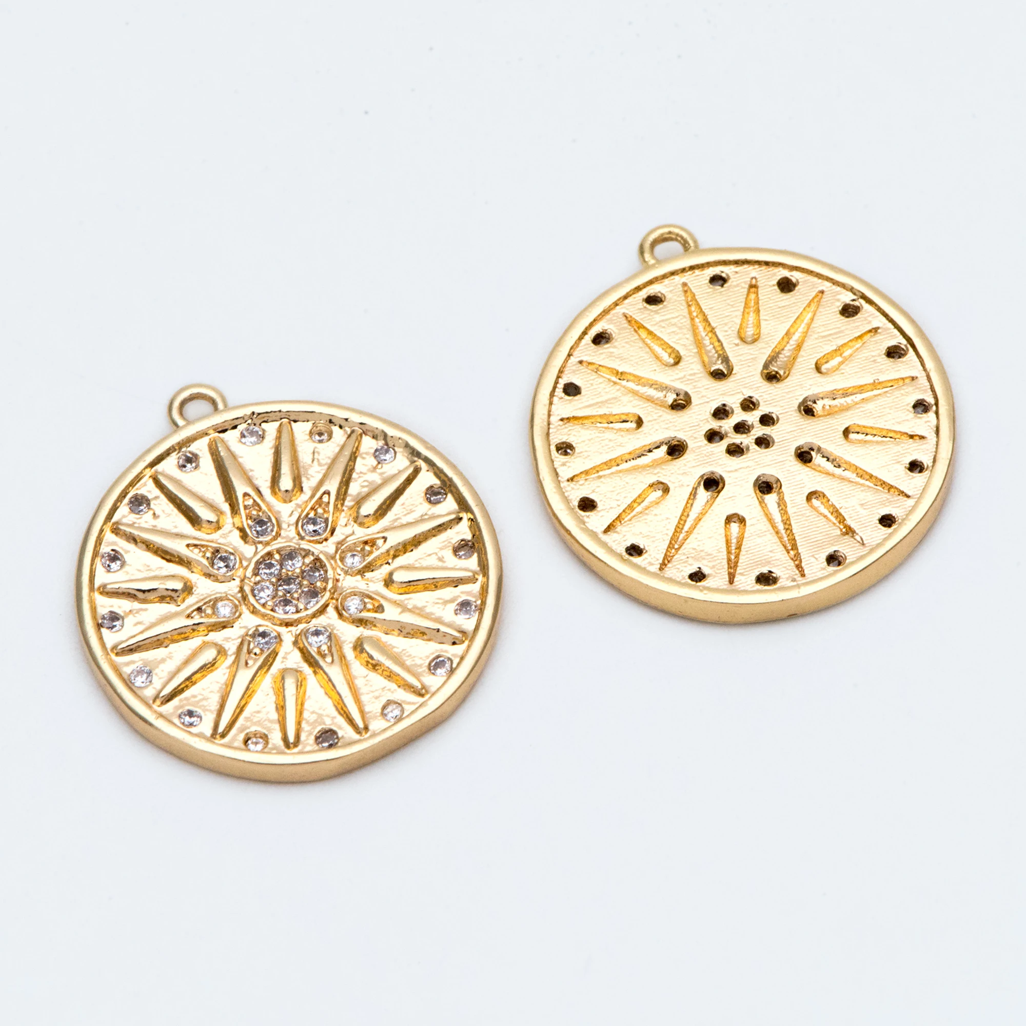 

4pcs Gold Sun Disk Charms 20x18mm, 18K Gold Plated Brass, CZ Paved Sun Disc Pendants (GB-2154)