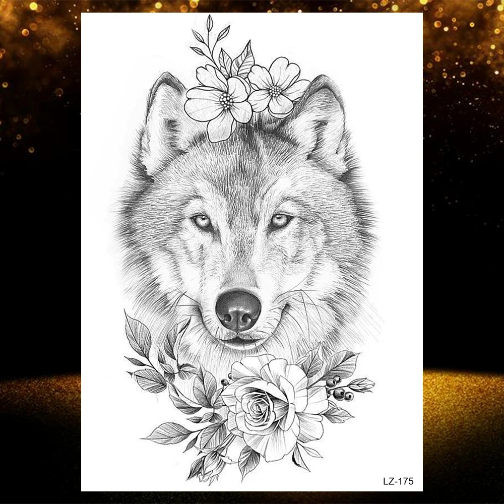 Wolf Black Temporary Tattoos For Men Boys Girl Dreamcatcher Forest Tattoo Realistic Fake Flora Flower Waterproof Coyote Tatoo 3D