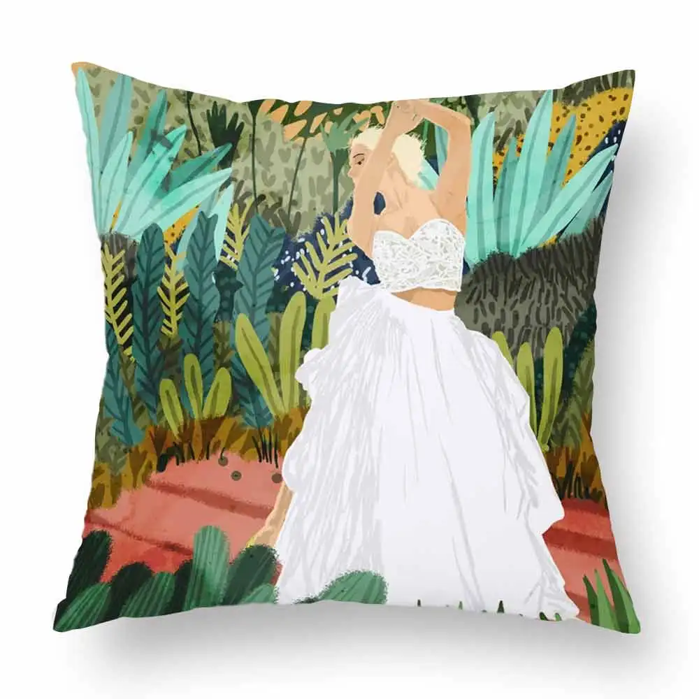 Girl and Tiger Lady Portrait Cushion Cover Watercolor Painting Polyester Cotton Linen Throw Pillow Case Sofa Home Decor 45X45cm