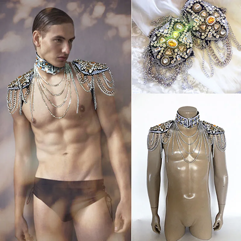 

gogo boy stage party bar accessorie Prince shoulder wear sexy men model catwalk Super flash diamond metal tassel shoulder dress