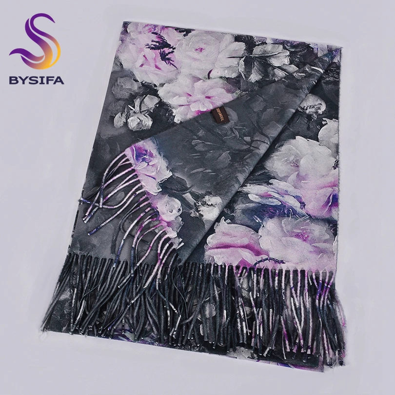 [BYSIFA] Winter Grey Pink Wool Scarves Shawls Women Peony Style Long Cashmere Pashmina Scarves Wraps Brand Luxury Neck Scarf