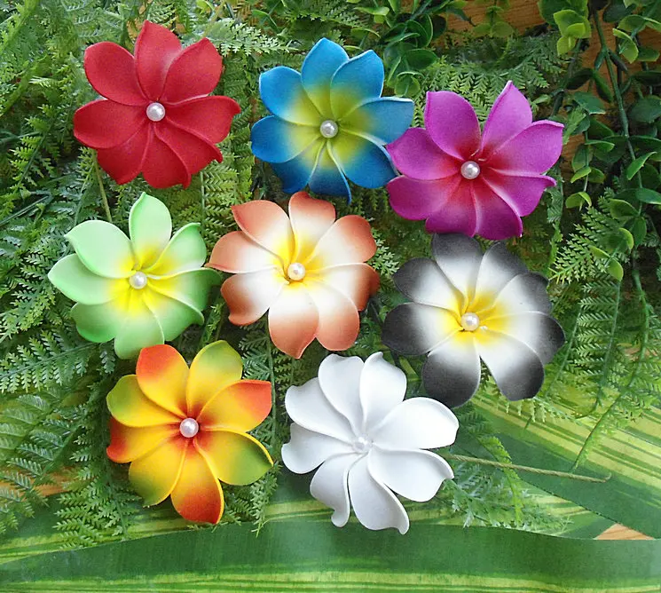 MIXED COLORS Free Shipping F1113-2 80pcs/lot 8CM 8 Color Foam Tiare Hair Pick W WHITE SHELL PEARL Hair Accessories Hawaii Flower