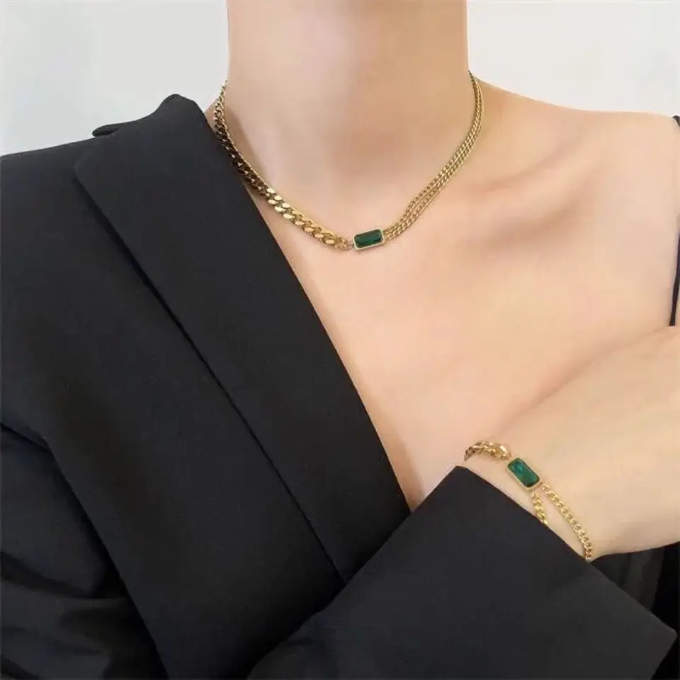 316LStainless Steel Fashion Fine necklace Minimalism Green Zircon Charms Thick Chain Choker Necklaces Pendants For Women Jewelry