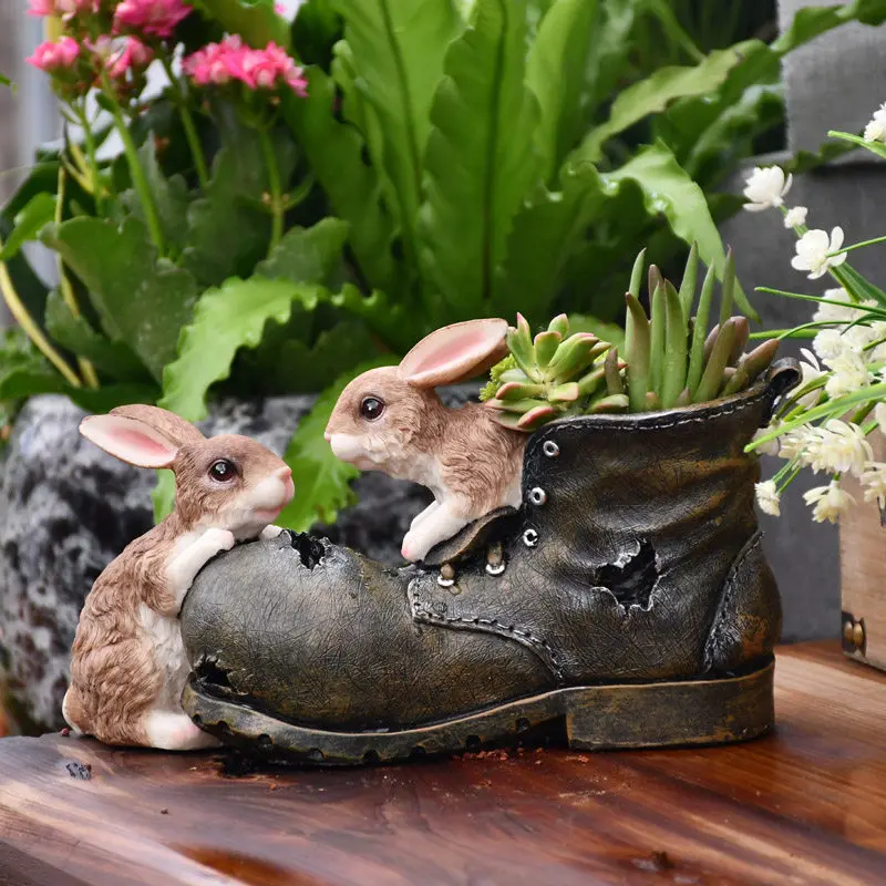 Pastoral Cartoon Rabbit Shoe Succulent Flower Pot Resin Ornaments Courtyard Garden Figurines Decoration Outdoor Vase Crafts Art