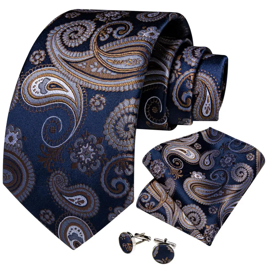 Luxury Blue Gold Paisley Men's Tie Business Wedding Formal Neck Tie For Men Gift Cravate Silk Tie Handkerchief Cufflinks DiBanGu