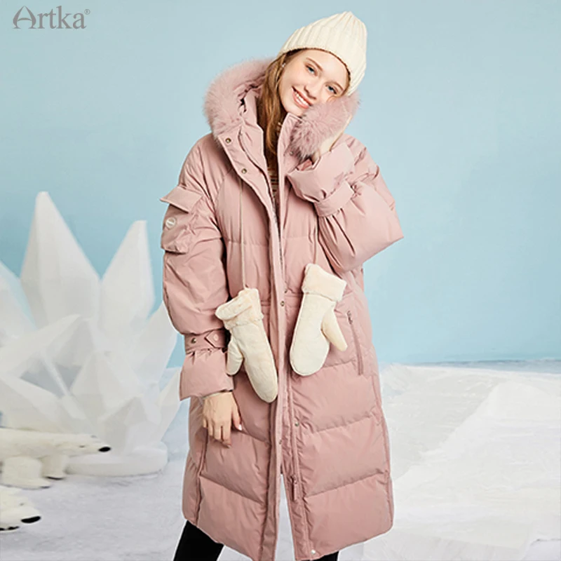 ARTKA 2020 Winter New Women Down Jacket Fashion Casual 4 Colors 90% White Duck Down Coat Big Fox Fur Collar Long Parka ZK22008D