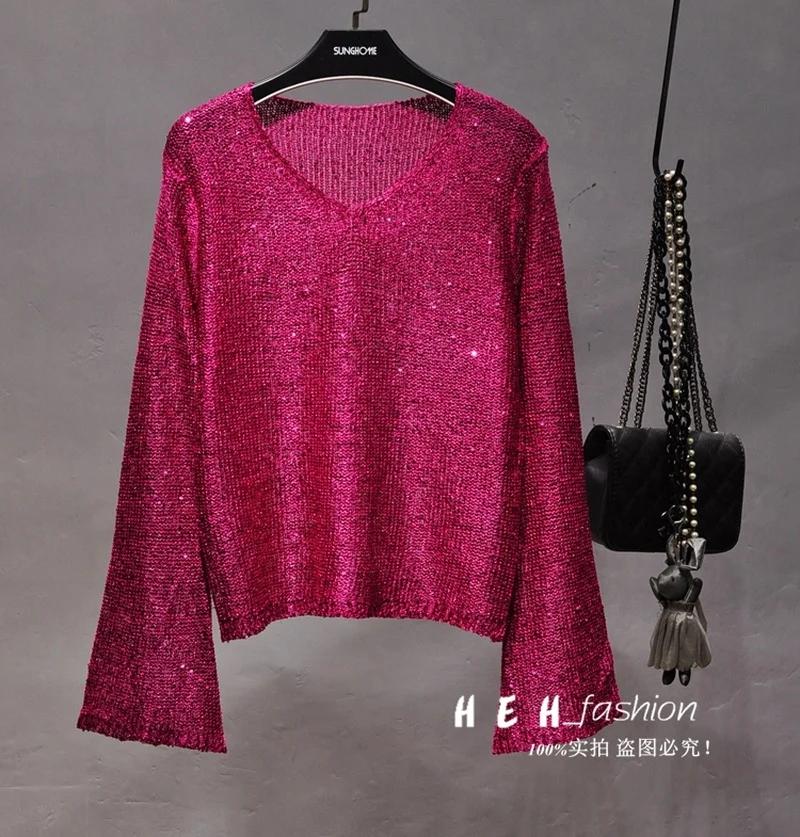 Women Clothes 2024 Korean Fashion Sequins V-neck Big Trumpet Sleeve Hollow Out Light Silk Knitting Sweater Sheet Metal Coat