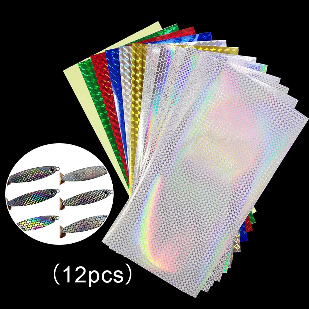 12pcs 20x10cm Lure Tape DIY Fish Reflective Holographic  Bait Sticker Transparent Fish Scale Square Laser Flash Sticker Fishing