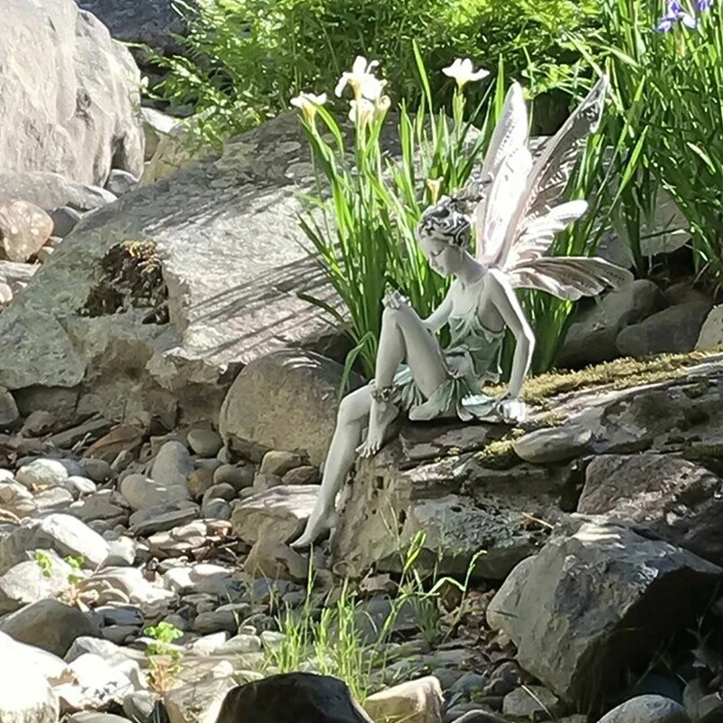 Resin Flower Fairy Statue Sitting Art Sculpture Figurines Angel Wings Garden Ornament Craft Landscaping Home Decoration Outdoor