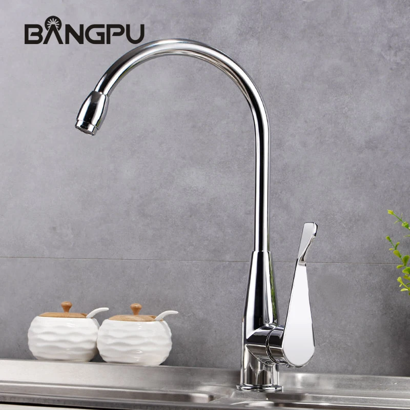 

BANGPU 1 Hole Kitchen Faucet Deck Mounted Single Handle Kitchen Tap Kitchen Sink Tap Chrome Stream Sprayer Nozzle Solid Brass