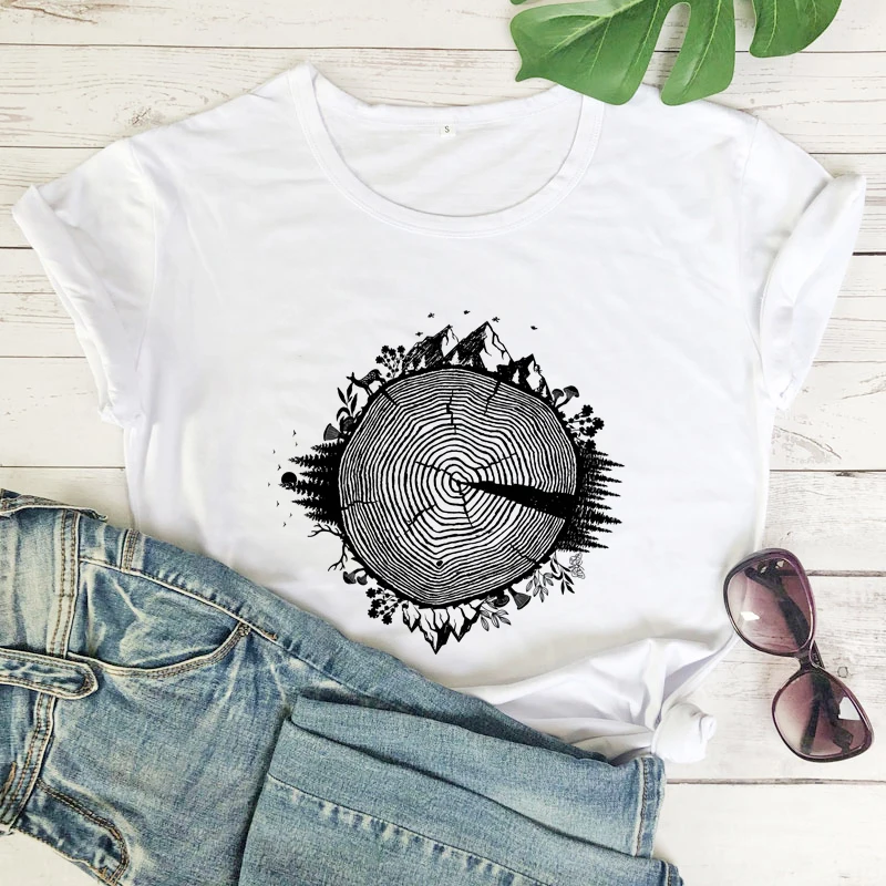 Hiking Tree Ring 100% Cotton T-shirt Aesthetic Hippie Wanderlust Top Tee Shirt Casual Women Short Sleeve Forest Mountains Tshirt