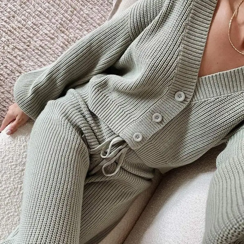 Knit V-neck Women\'s Cardigan Pant Two Piece Set Loose Long Sleeve Lace Up Pants Suit Female Nice Winter Ladies Elegant Sets