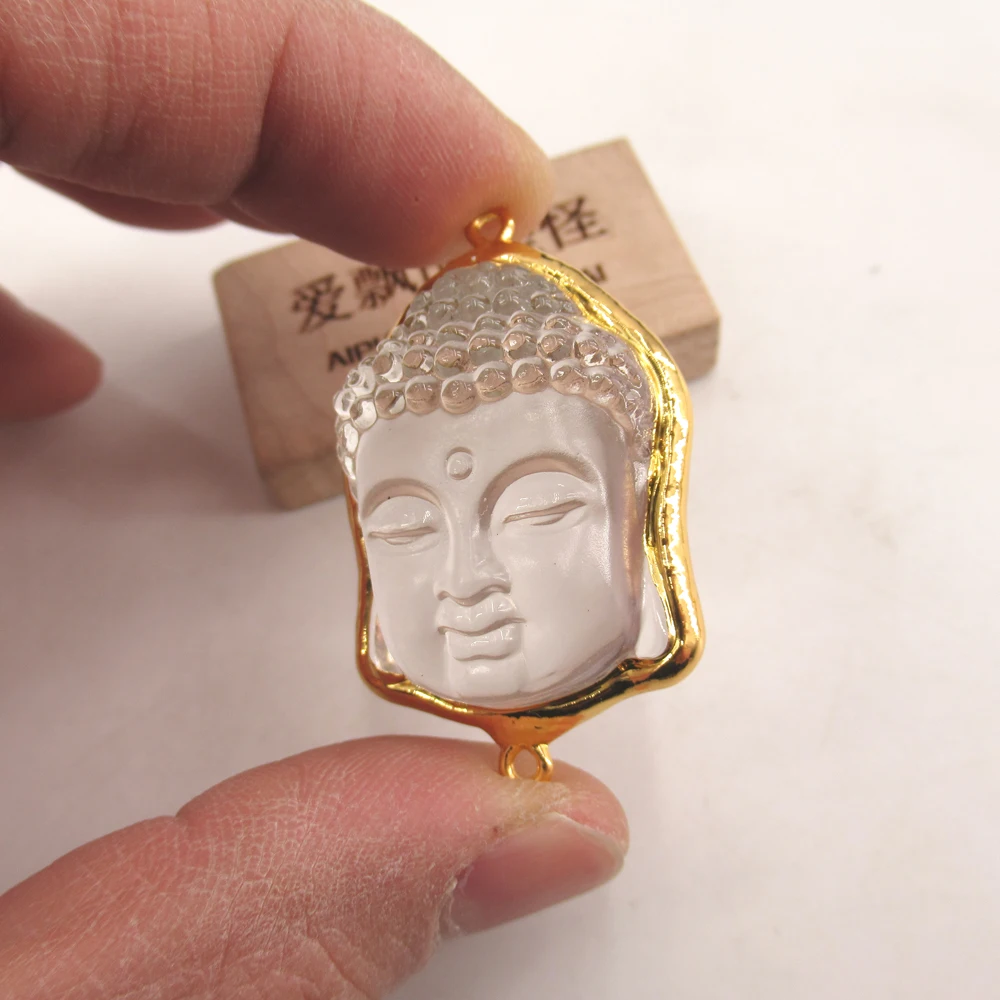 APDGG 1 PC Natural Clear Quartz Crystal 28x45mm Gold Plated Buddha Buddhist Statues Connector Jewelry Making DIY