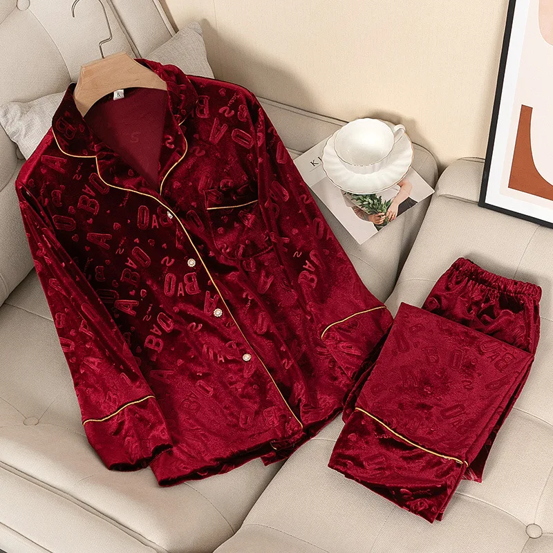 Pajamas For Women Velvet 2PCS Set Full Sleeve Shirt&pant Spring Autumn Letter Sleepwear Loose Nightwear Velour Sleep Set