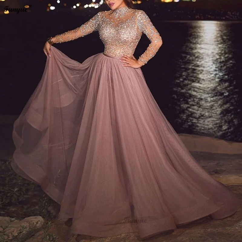 

Sexy High Neck Long Sleeve Sparkling Evening Dresses Pink Tulle A-Line Formal Prom Gowns 2022 Appliques Beading Robes De Soirée