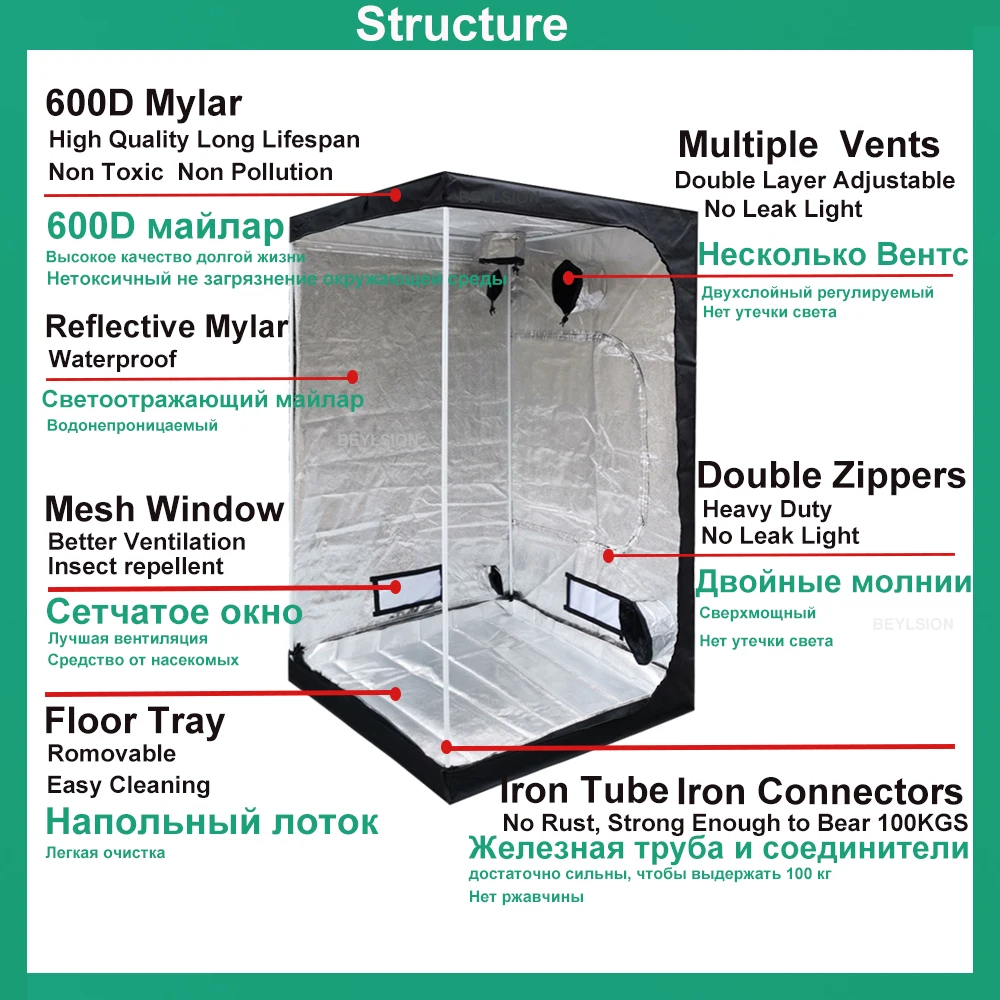 BEYLSION – chambre de culture intérieure, 600d, tente hydroponique pour culture légère de plantes, serre + Kit de cordes