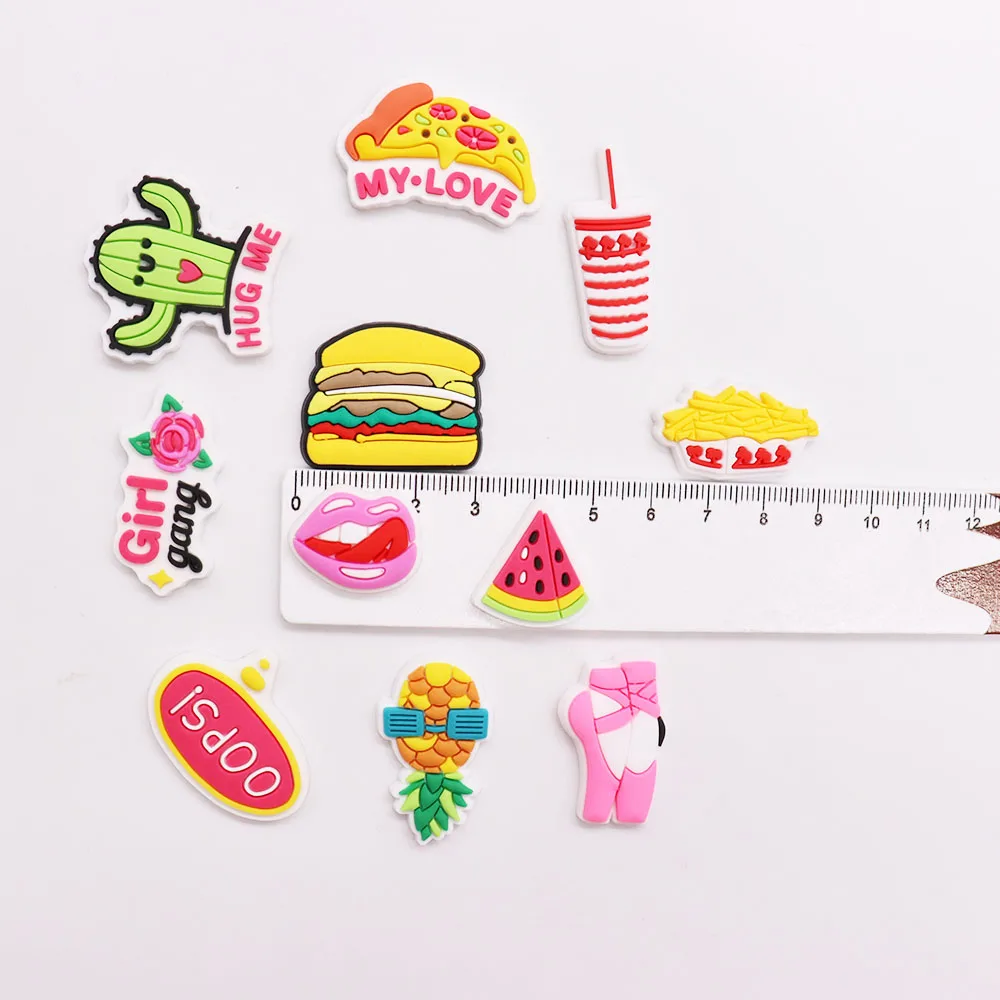 1PCS PVC Cartoon Shoe Charms Kawaii Girl Gang Flower Pineapple Hug Me Drink Cactus Hamburger Watermelon Hole Slipper Decoration