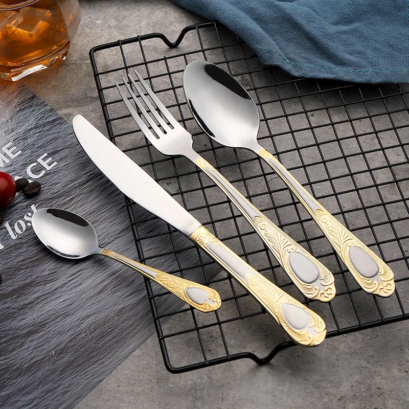 1PC Retro Carved Knife Fork Spoon Cutlery Stainless Steel European Tableware Luxury Family Dinnerware Steak Kitchen Utensils