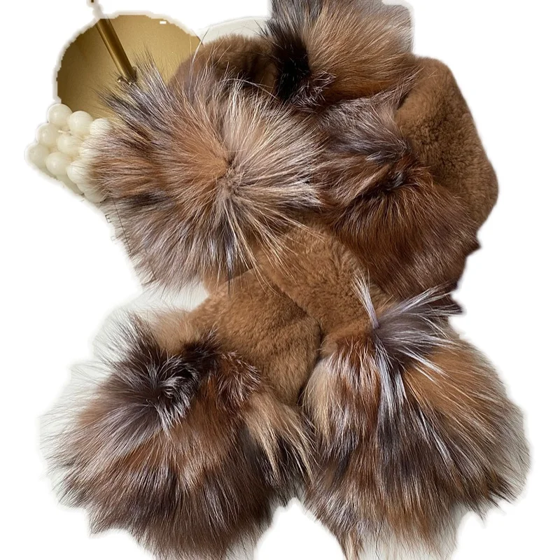 Winter Spring Ladie's Luxury Genuine Rex Rabbit Fur With Silver Fox Fur Trimmed Scarf