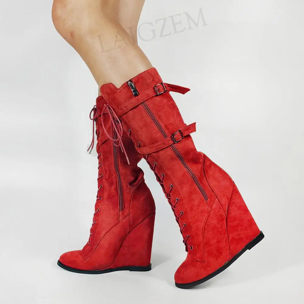 LAIGZEM Women Calf High Boots Side Zip Faux Suede Wedges Wide Calf Friendly Boots Ladies Shoes Woman Botas Big Size 42 44 46 47