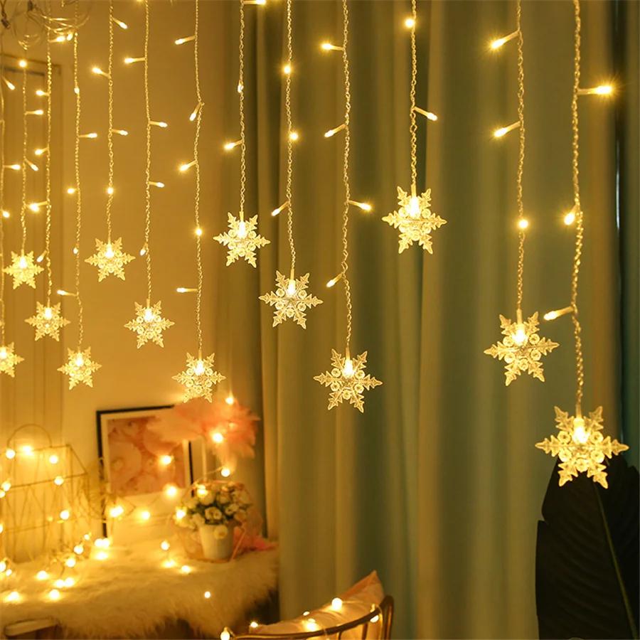 3.5M LED Icicle String Lights Christmas Garlands Snowflake Fairy Lights 8 Modes Window Curtain Lamp For Party Wedding Decoration