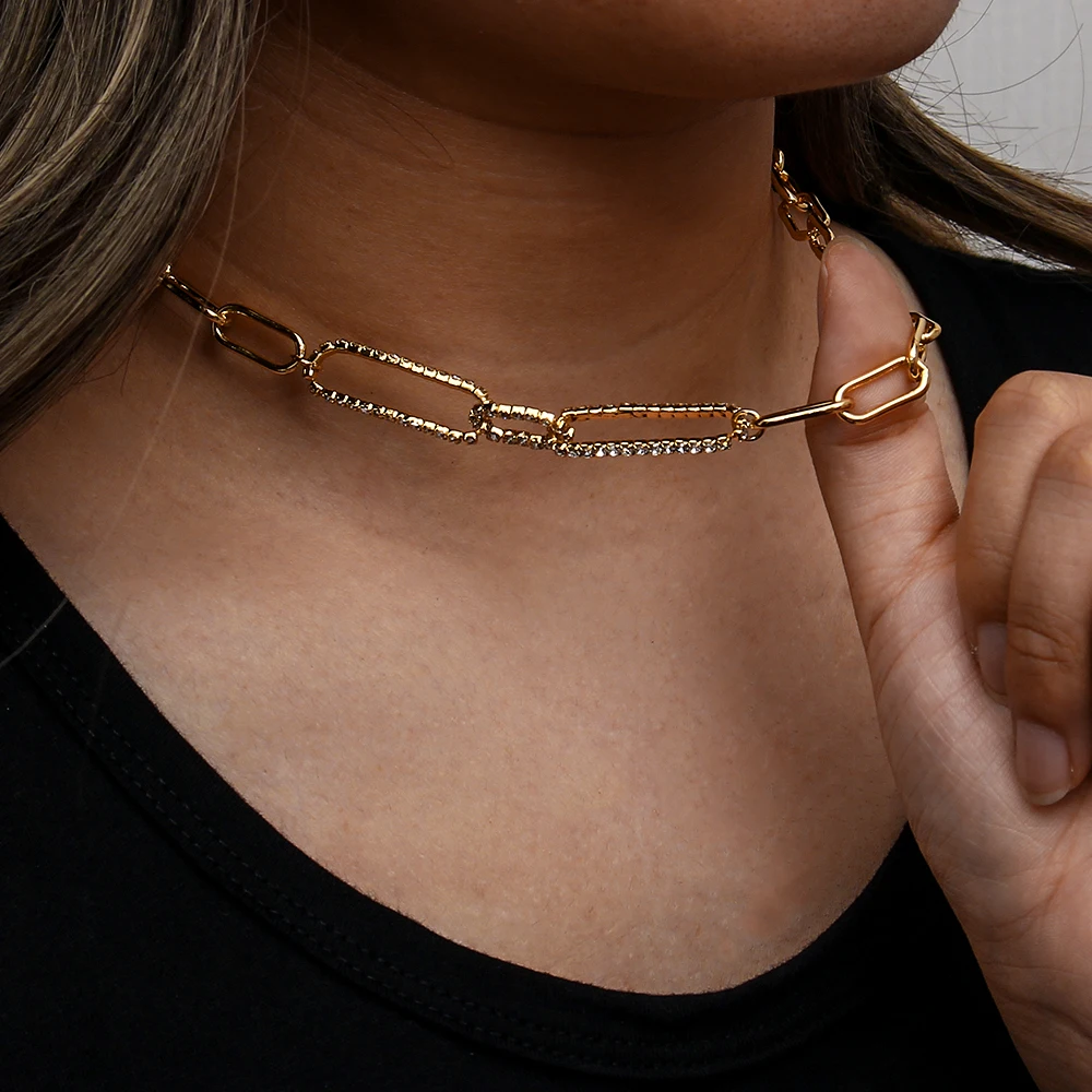 E.B.belle 14K Gold Plated Big Paper Clip Chain Bingling Rhinestone Paved Gold Choker Necklace for Girl Trendy Chain Necklace