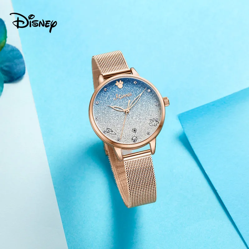 Disney Official Women Casual Quartz Wristwatches Minnie Mouse Cartoon Wishing Bottle Rhinstone Fashion Gradient Girls Gift Clock