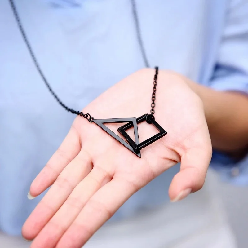 Retro, male and female, exaggerated, necklace, metal, triangle, square, long chain, women, hollowed out, necklace,