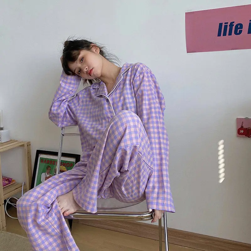 Autumn Pajama Sets Ulzzang Plaid Preppy Long Sleeve Soft Lovely Girls Nightwear Loose Trendy Daily Chic 2 Piece Womens Sleepwear