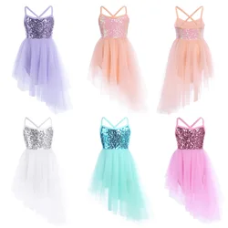 Ballet Dance Dress Gymnastics Leotards for Kids Sleeveless Sequins Tulle Ballet Dancewear Chiffon Dress Girls Fairy Prom Costume