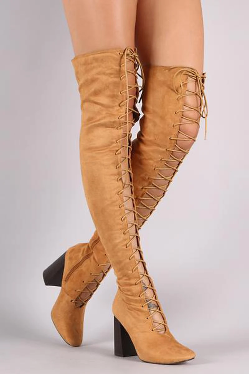 

Fashion Woman Front Cross-Tie Chunky High Heels Close Toe Thigh Boots Suede Over The Knee Boots Knight Boots Mujer Shoes Woman