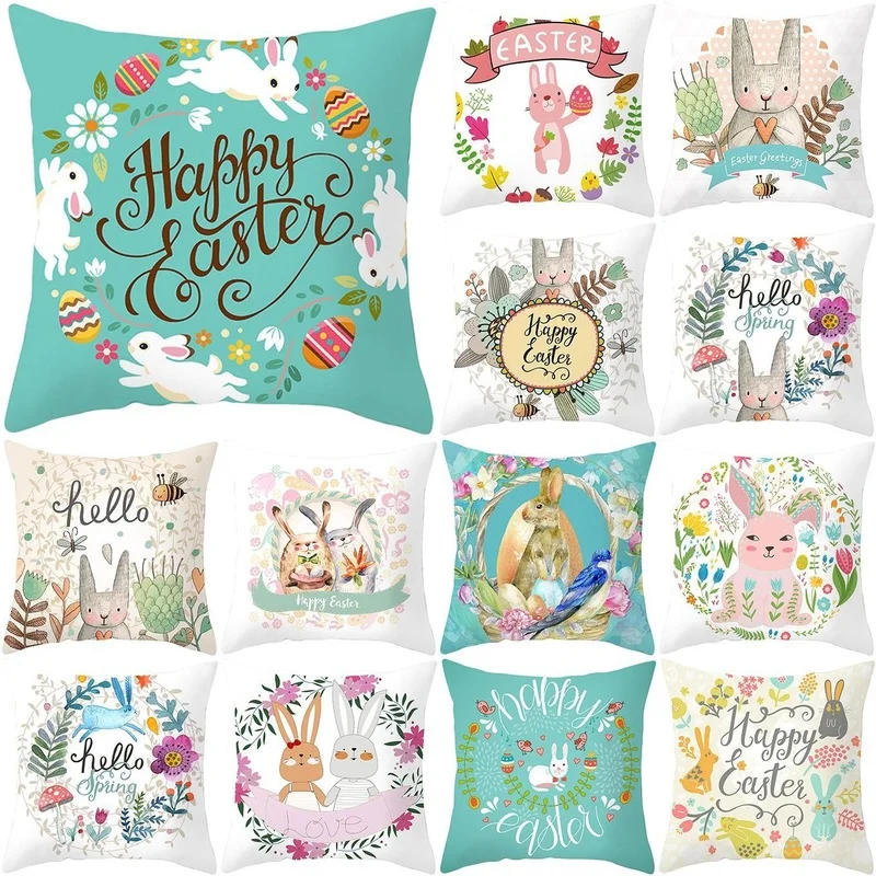 

Easter Sunday Bunny Printed Cushion Cover 18x18 Inch Farmhouse Home Holiday Decor Pillow Cover Cartoon Rabbit Eggs Pillowcase