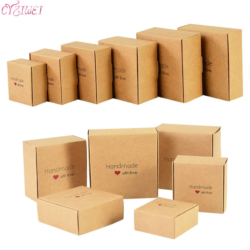 6pcs Kraft Paper Candy Box Cardboard Handmade With Love Handmade DIY Favor Gift Package Home Xmas Party Wedding Decor Gift Box