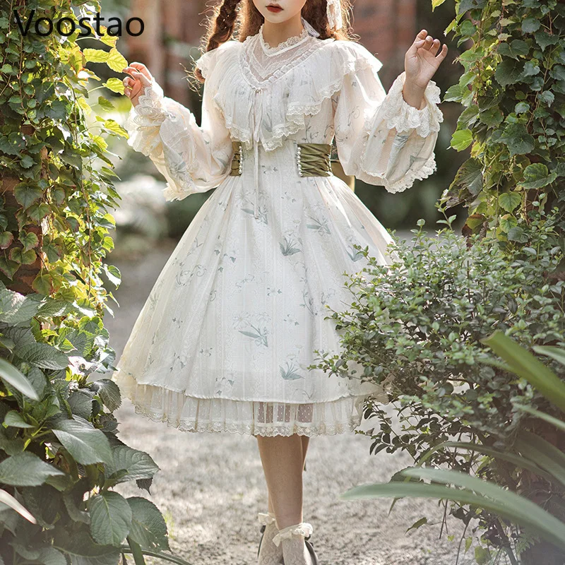 Ban Đầu Sweet Lolita Công Chúa OP Đầm Nữ Quần Lót Phối Ren Thanh Lịch Xù Dài Tay Đầm Dự Tiệc Nữ Tính Harajuku Dễ Thương