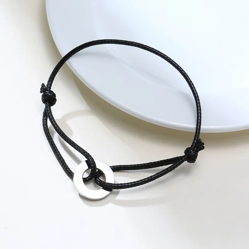 Tobilleras de cuerda con dijes circulares para hombres, cuerda negra con Círculo de COLOR plateado, pulsera ajustable, joyería UNISEX